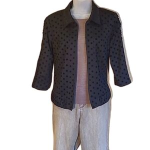 Christopher & Banks Polka Dot Blazer Velvet Pleated Jacket Ruched 3/4 Sleeve